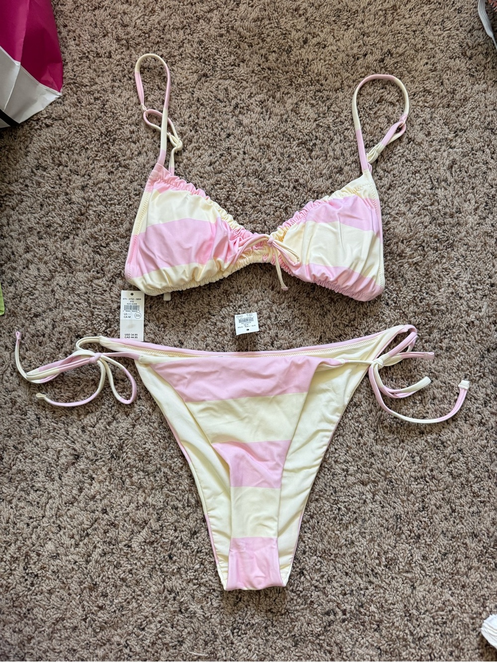 aerie Pink and Yellow Striped Bikini Set M TOP & L BOTTOMS